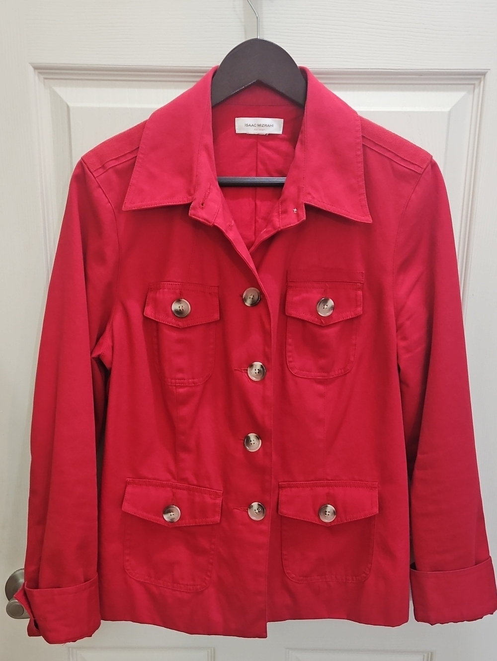 Isaac Mizrahi Red Utility Herringbone Trim Button Front Safari Style Coat Med?